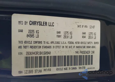 2008 Dodge Charger from USA, damaged, VIN 2B3KA43R18H160940
